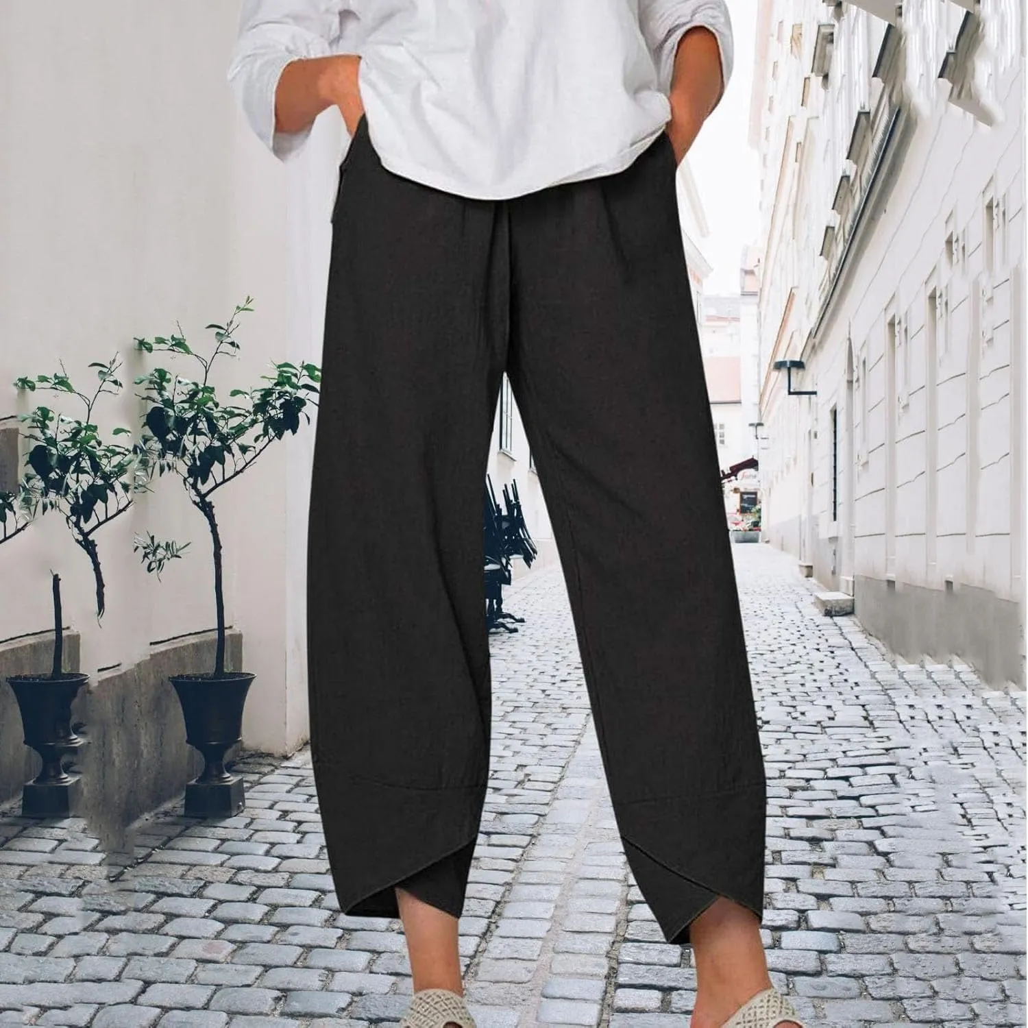 Womens Cotton Linen Capri Pants,High Waisted Comfy Baggy Trousers,Cotton Linen Pant Summer Casual Capri Pants with Pockets