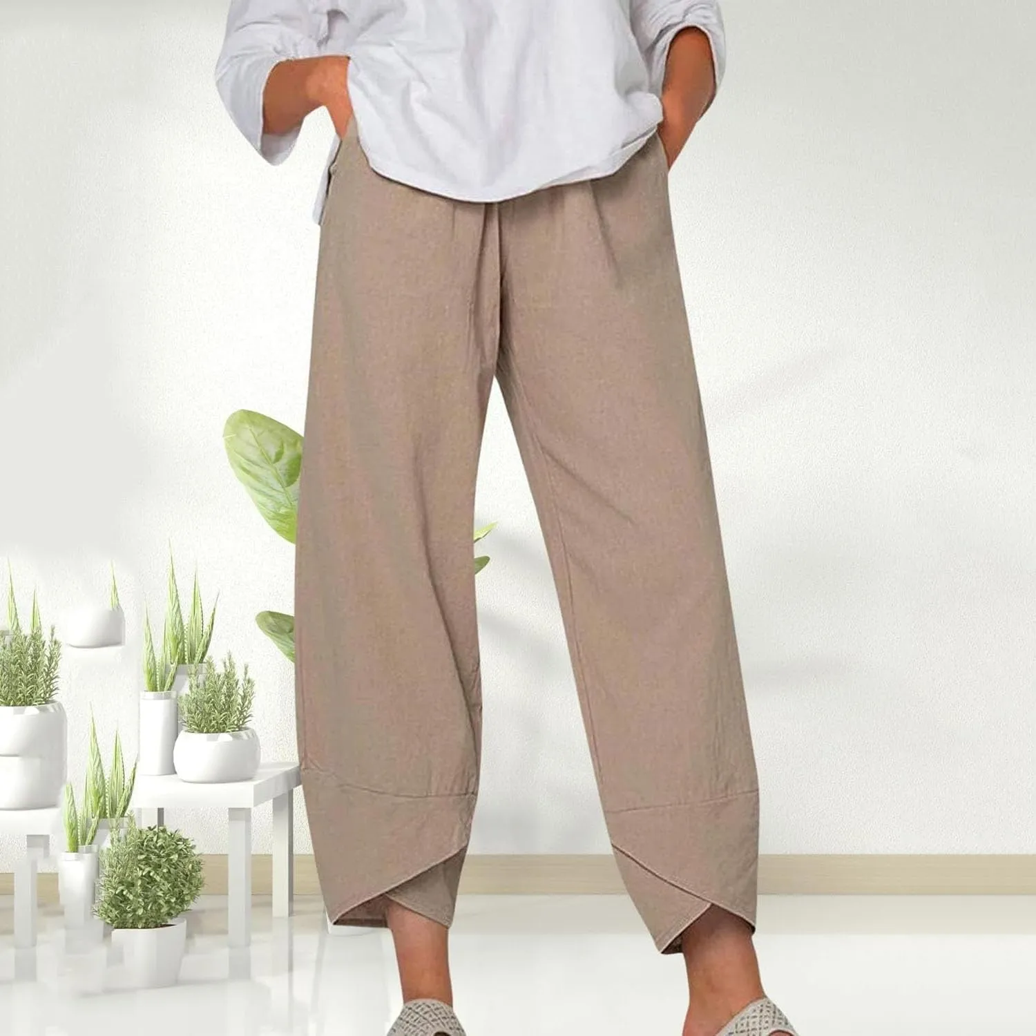 Womens Cotton Linen Capri Pants,High Waisted Comfy Baggy Trousers,Cotton Linen Pant Summer Casual Capri Pants with Pockets