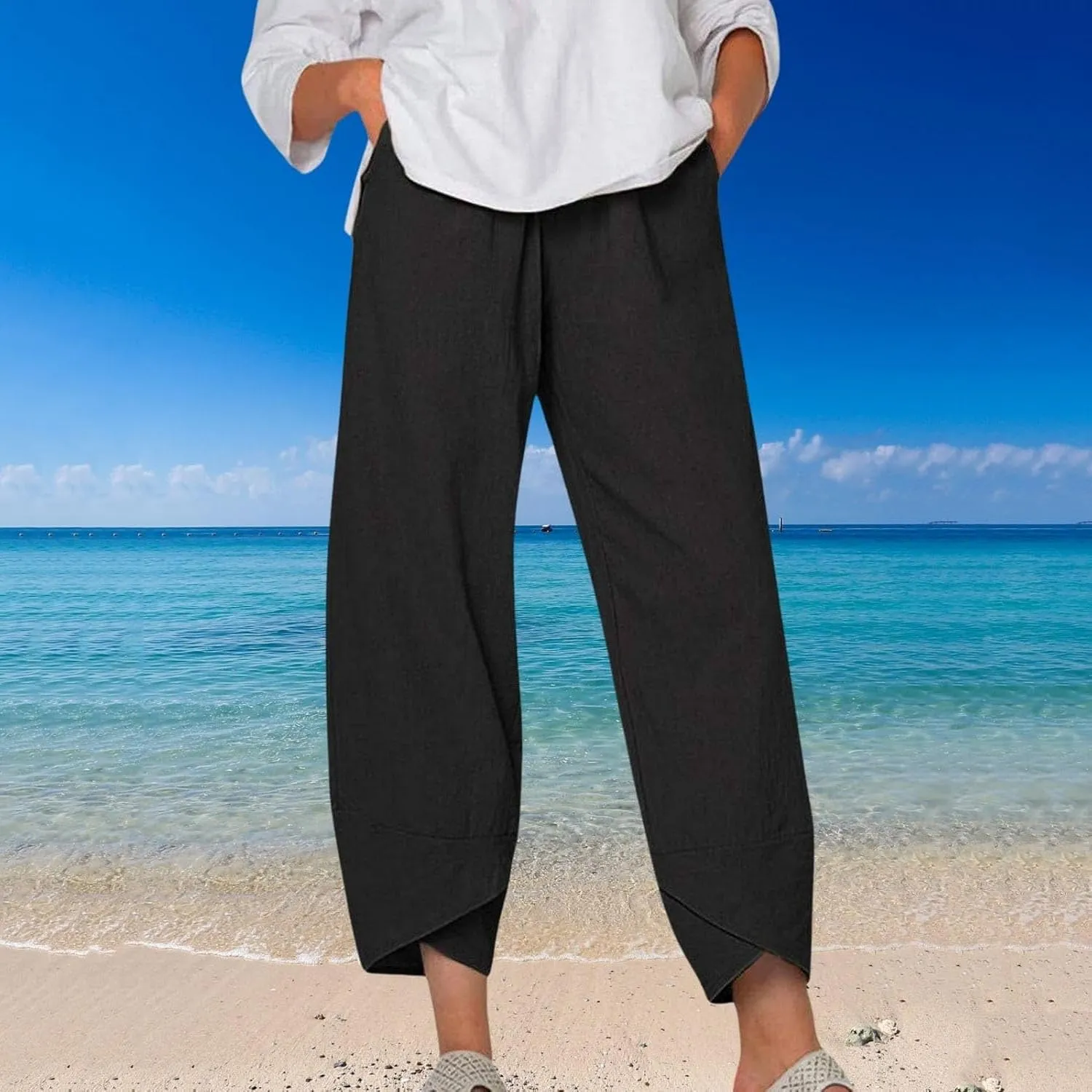 Womens Cotton Linen Capri Pants,High Waisted Comfy Baggy Trousers,Cotton Linen Pant Summer Casual Capri Pants with Pockets