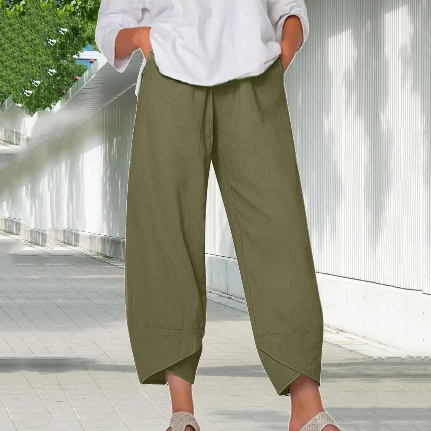 Womens Cotton Linen Capri Pants,High Waisted Comfy Baggy Trousers,Cotton Linen Pant Summer Casual Capri Pants with Pockets