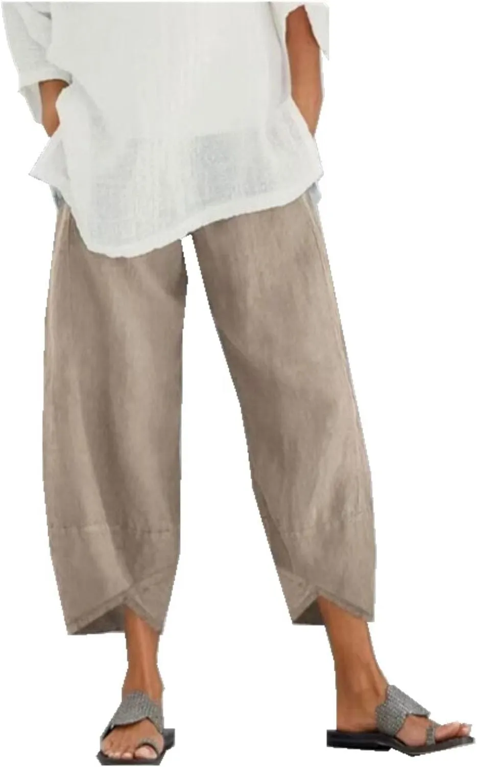 Womens Cotton Linen Capri Pants,High Waisted Comfy Baggy Trousers,Cotton Linen Pant Summer Casual Capri Pants with Pockets
