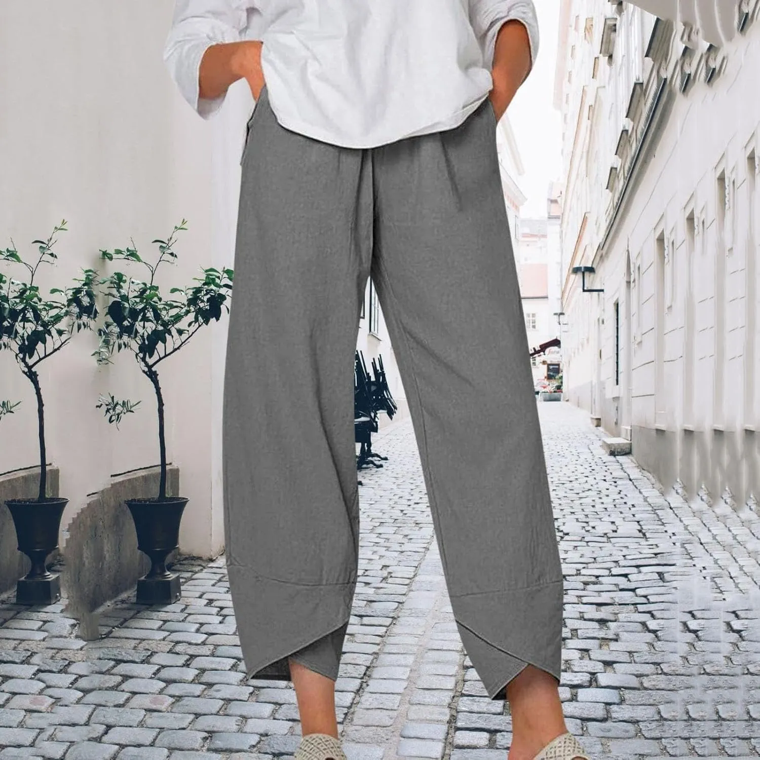 Womens Cotton Linen Capri Pants,High Waisted Comfy Baggy Trousers,Cotton Linen Pant Summer Casual Capri Pants with Pockets