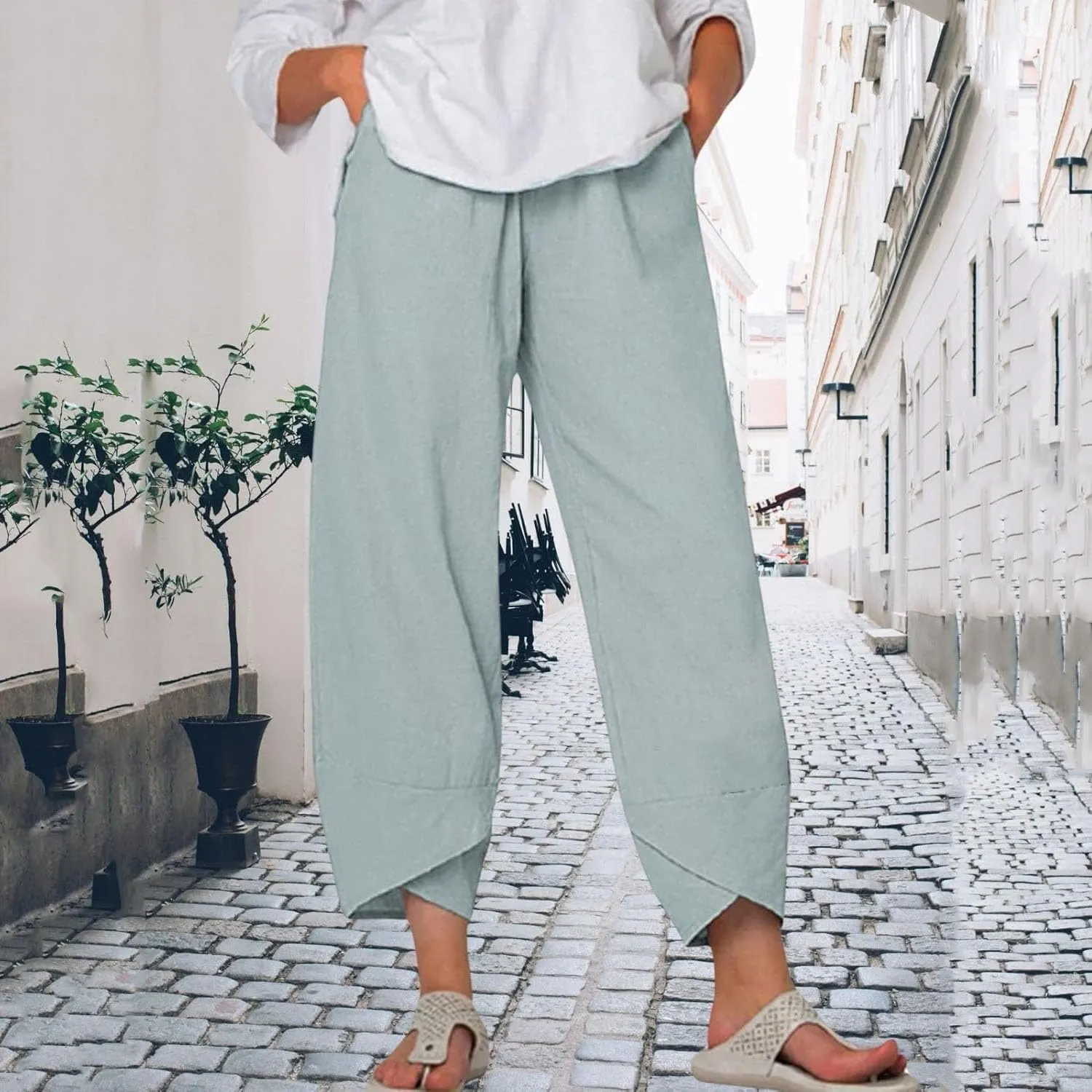 Womens Cotton Linen Capri Pants,High Waisted Comfy Baggy Trousers,Cotton Linen Pant Summer Casual Capri Pants with Pockets