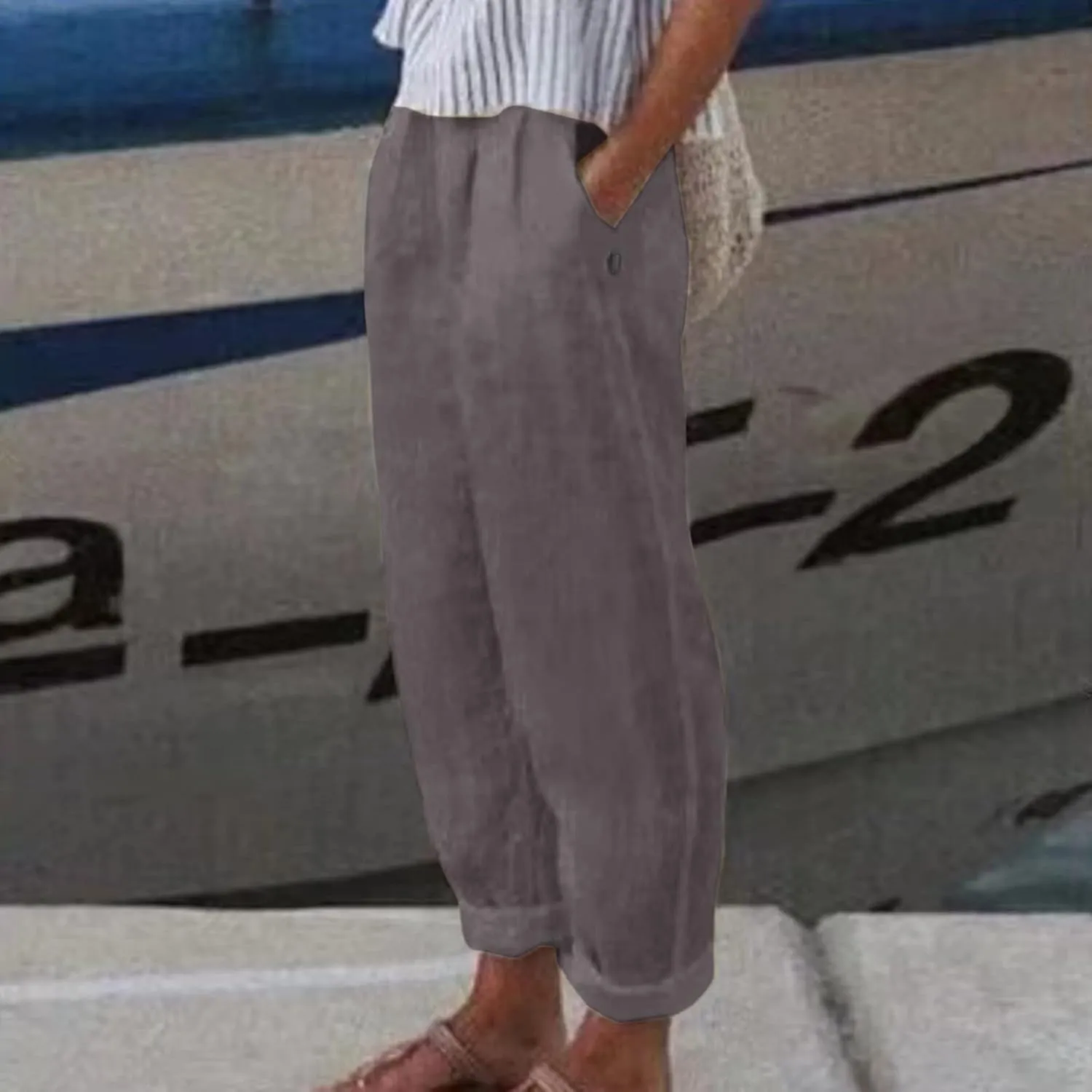 Women's Cotton Linen Pants Summer Casual Baggy Wide Leg Elastic High Waist Beach Slacks Stripe Printed Capri Trousers