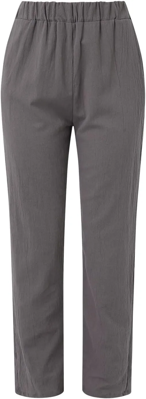 Women's Cotton Linen Pants Summer Casual Baggy Wide Leg Elastic High Waist Beach Slacks Stripe Printed Capri Trousers