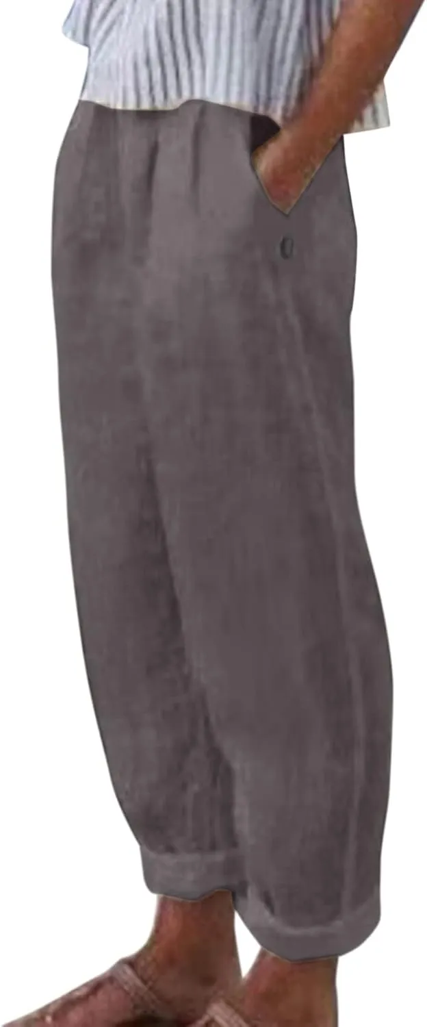 Women's Cotton Linen Pants Summer Casual Baggy Wide Leg Elastic High Waist Beach Slacks Stripe Printed Capri Trousers