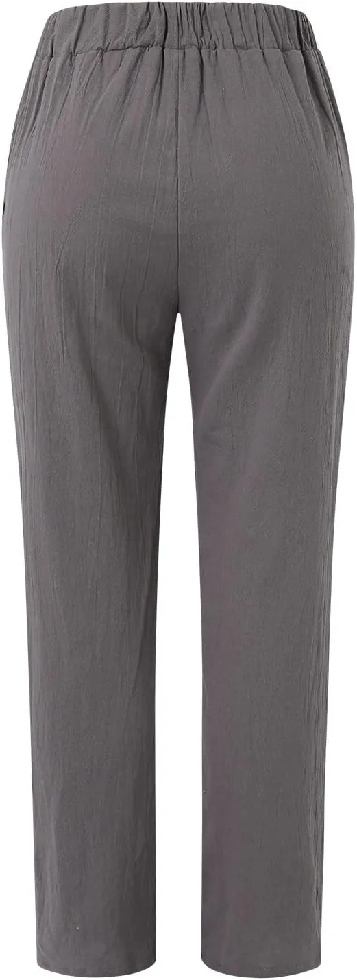 Women's Cotton Linen Pants Summer Casual Baggy Wide Leg Elastic High Waist Beach Slacks Stripe Printed Capri Trousers