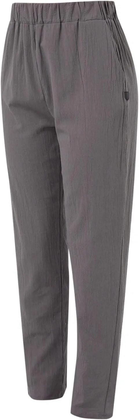 Women's Cotton Linen Pants Summer Casual Baggy Wide Leg Elastic High Waist Beach Slacks Stripe Printed Capri Trousers