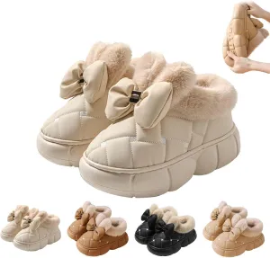 Women's Cute Bowknot Design Plush Lined Slipper, Winter Warm Anti-Skid Waterproof Thick Sole House Boots, Casual Comfortable Furry Bow Slippers