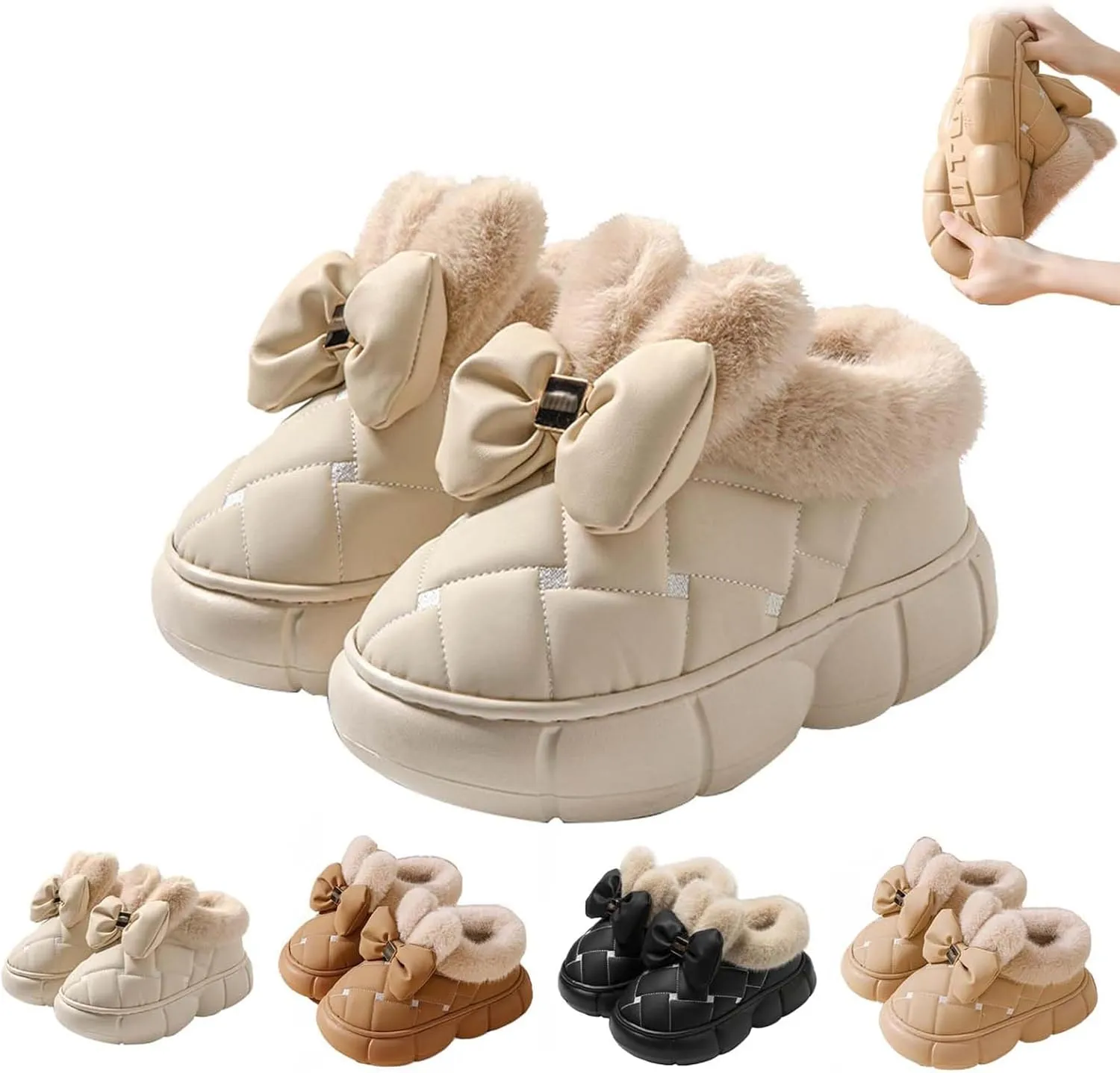 Women's Cute Bowknot Design Plush Lined Slipper, Winter Warm Anti-Skid Waterproof Thick Sole House Boots, Casual Comfortable Furry Bow Slippers