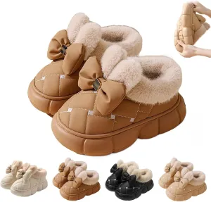 Women's Cute Bowknot Design Plush Lined Slipper, Winter Warm Anti-Skid Waterproof Thick Sole House Boots, Casual Comfortable Furry Bow Slippers