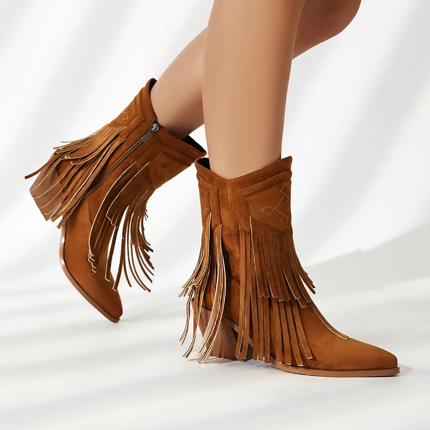 Women's Embroidery Suede Tassel Fringe Mid Calf Boots With Side Zipper Fashion Comfort Pointed Toe Stacked Heel Western Cowboy Boots Chunky Heel Dress Ankle Boots