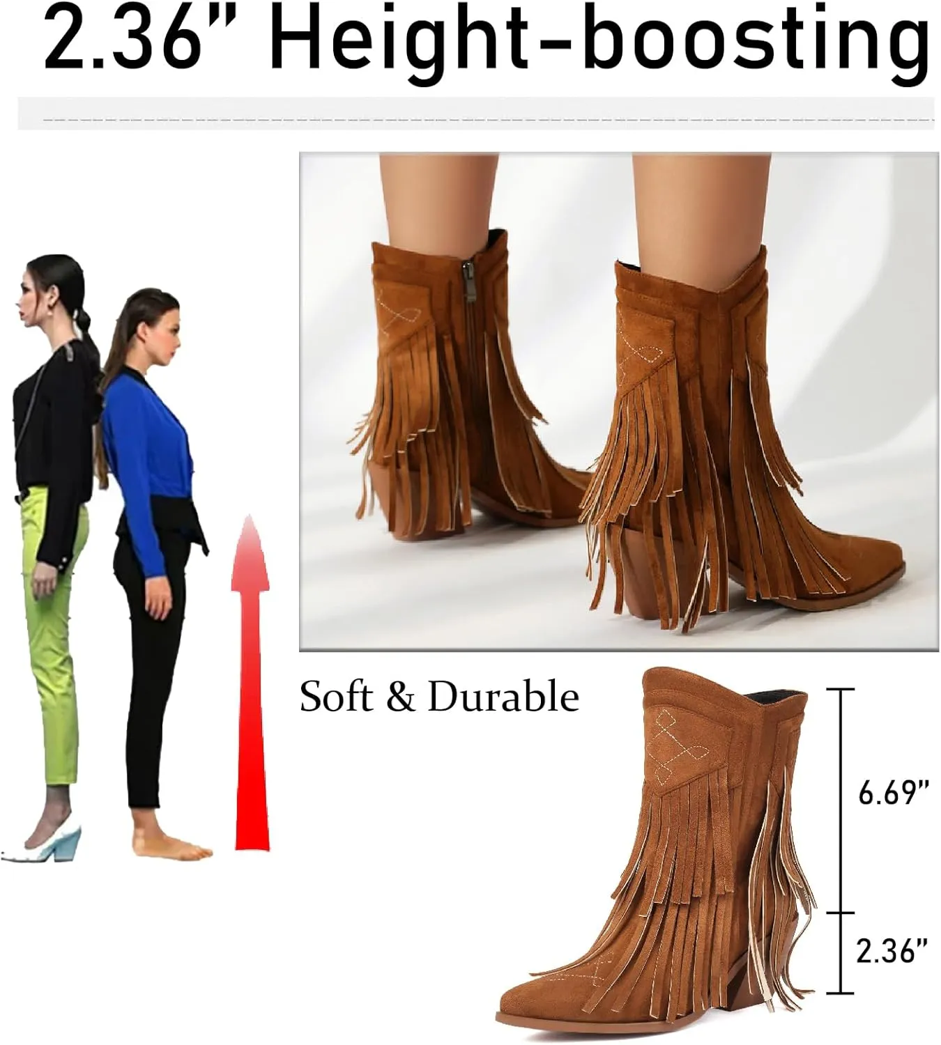 Women's Embroidery Suede Tassel Fringe Mid Calf Boots With Side Zipper Fashion Comfort Pointed Toe Stacked Heel Western Cowboy Boots Chunky Heel Dress Ankle Boots