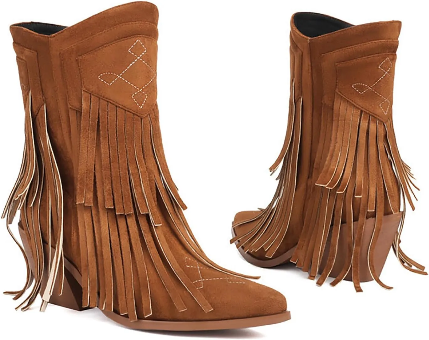 Women's Embroidery Suede Tassel Fringe Mid Calf Boots With Side Zipper Fashion Comfort Pointed Toe Stacked Heel Western Cowboy Boots Chunky Heel Dress Ankle Boots