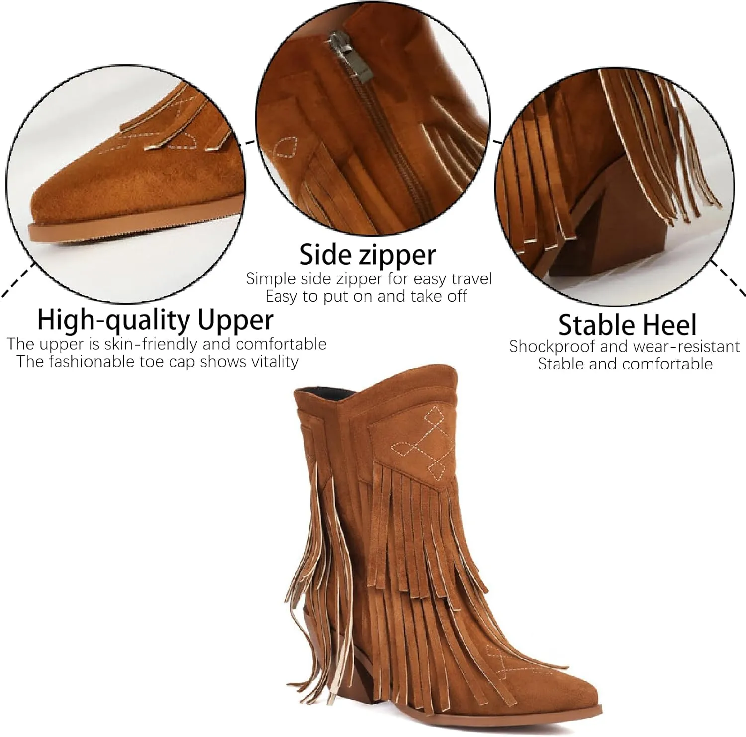 Women's Embroidery Suede Tassel Fringe Mid Calf Boots With Side Zipper Fashion Comfort Pointed Toe Stacked Heel Western Cowboy Boots Chunky Heel Dress Ankle Boots