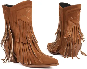 Women's Embroidery Suede Tassel Fringe Mid Calf Boots With Side Zipper Fashion Comfort Pointed Toe Stacked Heel Western Cowboy Boots Chunky Heel Dress Ankle Boots