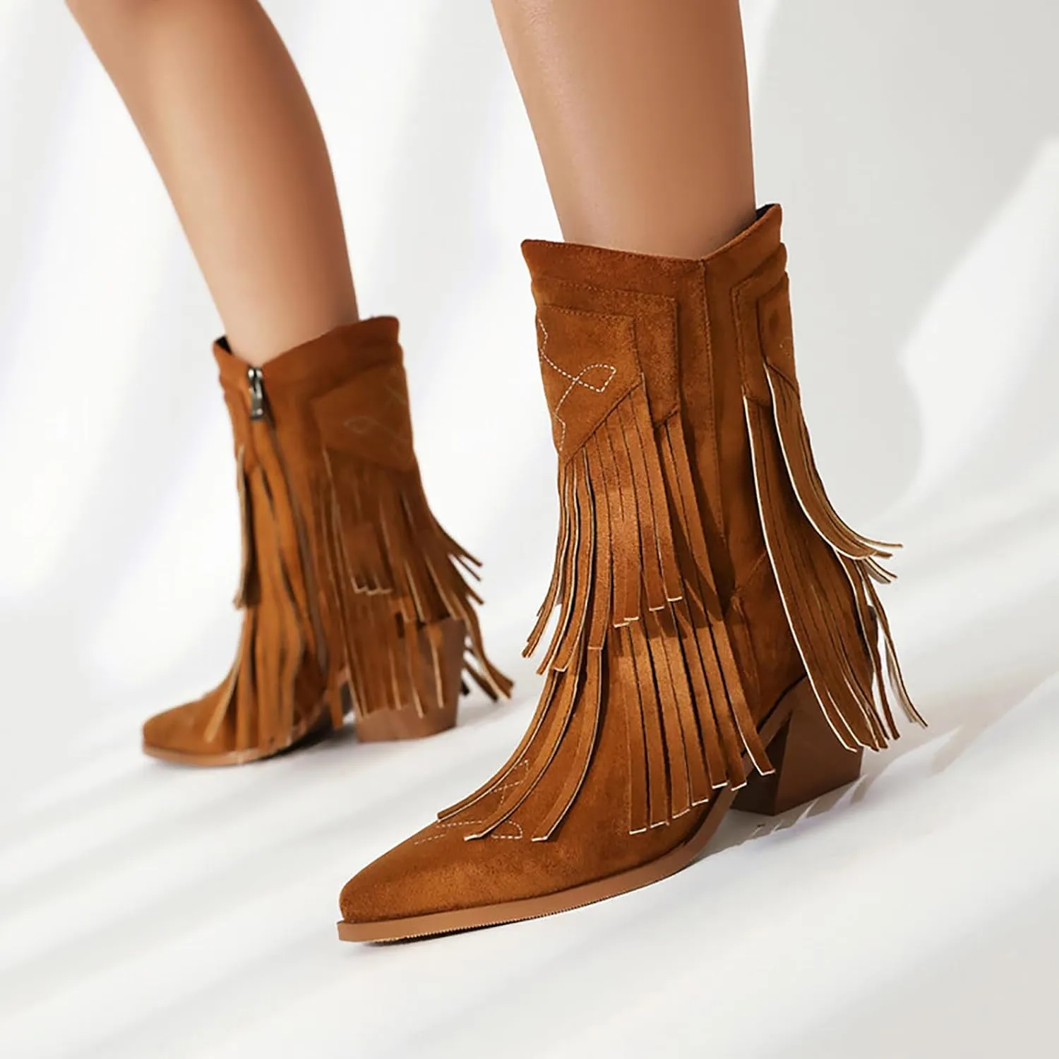 Women's Embroidery Suede Tassel Fringe Mid Calf Boots With Side Zipper Fashion Comfort Pointed Toe Stacked Heel Western Cowboy Boots Chunky Heel Dress Ankle Boots