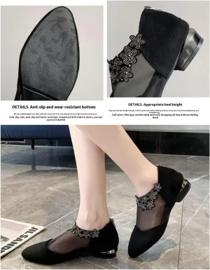 Women's Flower Rhinestone Mesh Block Heels - Fashion Back Zipper Solid, Versatile Dress Low Heels - for Women - Suitable for Parties, Weddings & Dates