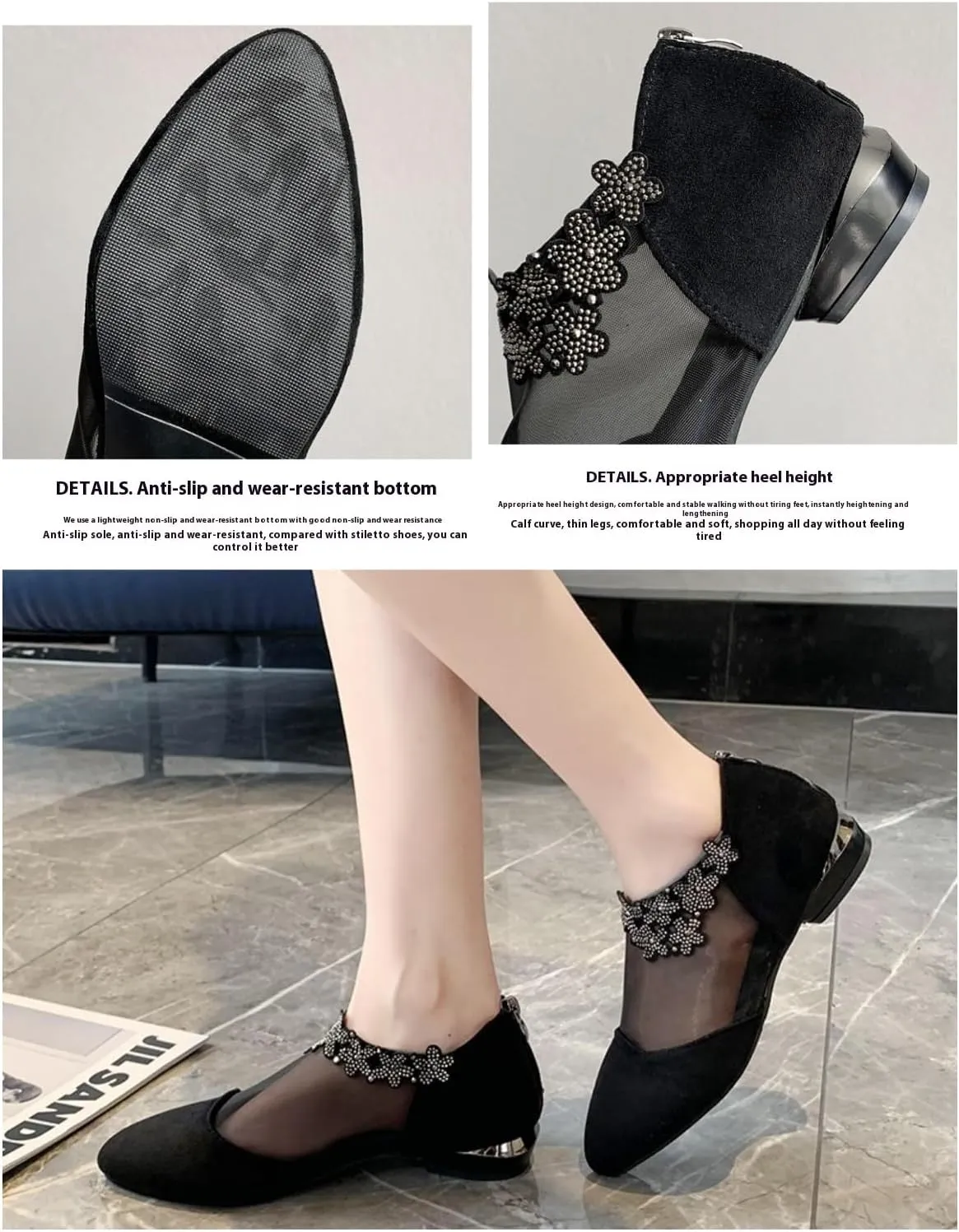 Women's Flower Rhinestone Mesh Block Heels - Fashion Back Zipper Solid, Versatile Dress Low Heels - for Women - Suitable for Parties, Weddings & Dates