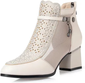 Womens Genuine Leather Fashion Rhinestone Mesh Yarn Ankle Boot Comfort Cutout Back Zipper Non-Slip Chunky Heel Mid Heel Boots Closed Pointed Toe Summer Ankle Boot For Dress Wedding Party Prom
