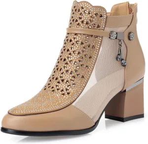 Womens Genuine Leather Fashion Rhinestone Mesh Yarn Ankle Boot Comfort Cutout Back Zipper Non-Slip Chunky Heel Mid Heel Boots Closed Pointed Toe Summer Ankle Boot For Dress Wedding Party Prom