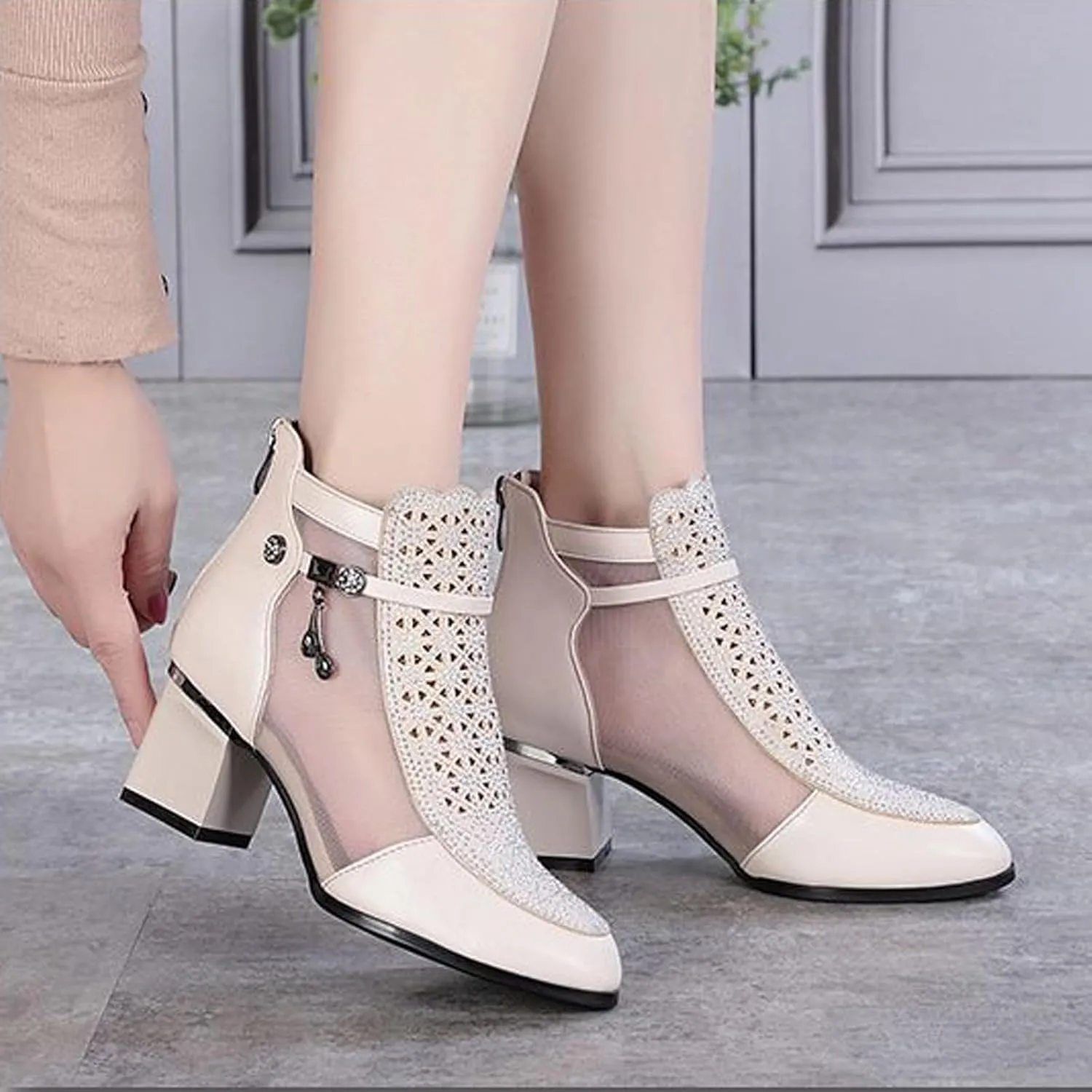 Womens Genuine Leather Fashion Rhinestone Mesh Yarn Ankle Boot Comfort Cutout Back Zipper Non-Slip Chunky Heel Mid Heel Boots Closed Pointed Toe Summer Ankle Boot For Dress Wedding Party Prom