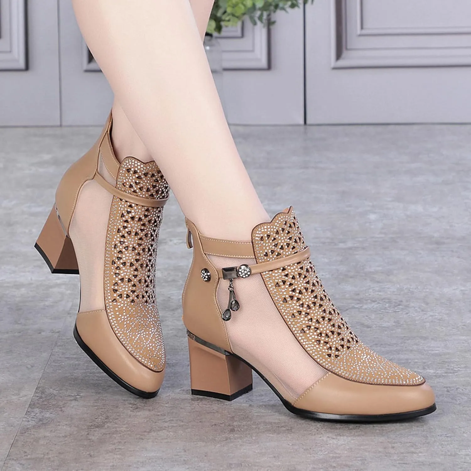Womens Genuine Leather Fashion Rhinestone Mesh Yarn Ankle Boot Comfort Cutout Back Zipper Non-Slip Chunky Heel Mid Heel Boots Closed Pointed Toe Summer Ankle Boot For Dress Wedding Party Prom