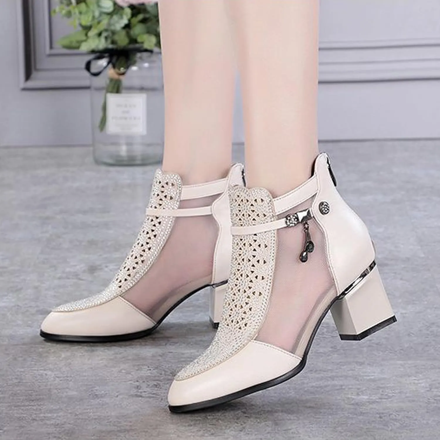 Womens Genuine Leather Fashion Rhinestone Mesh Yarn Ankle Boot Comfort Cutout Back Zipper Non-Slip Chunky Heel Mid Heel Boots Closed Pointed Toe Summer Ankle Boot For Dress Wedding Party Prom