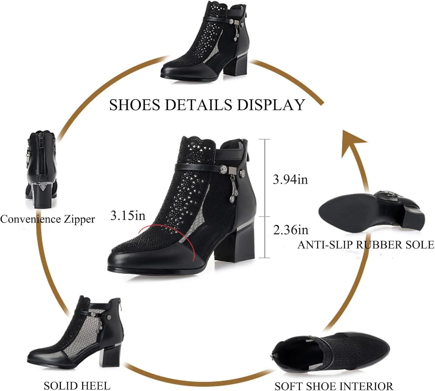 Womens Genuine Leather Fashion Rhinestone Mesh Yarn Ankle Boot Comfort Cutout Back Zipper Non-Slip Chunky Heel Mid Heel Boots Closed Pointed Toe Summer Ankle Boot For Dress Wedding Party Prom