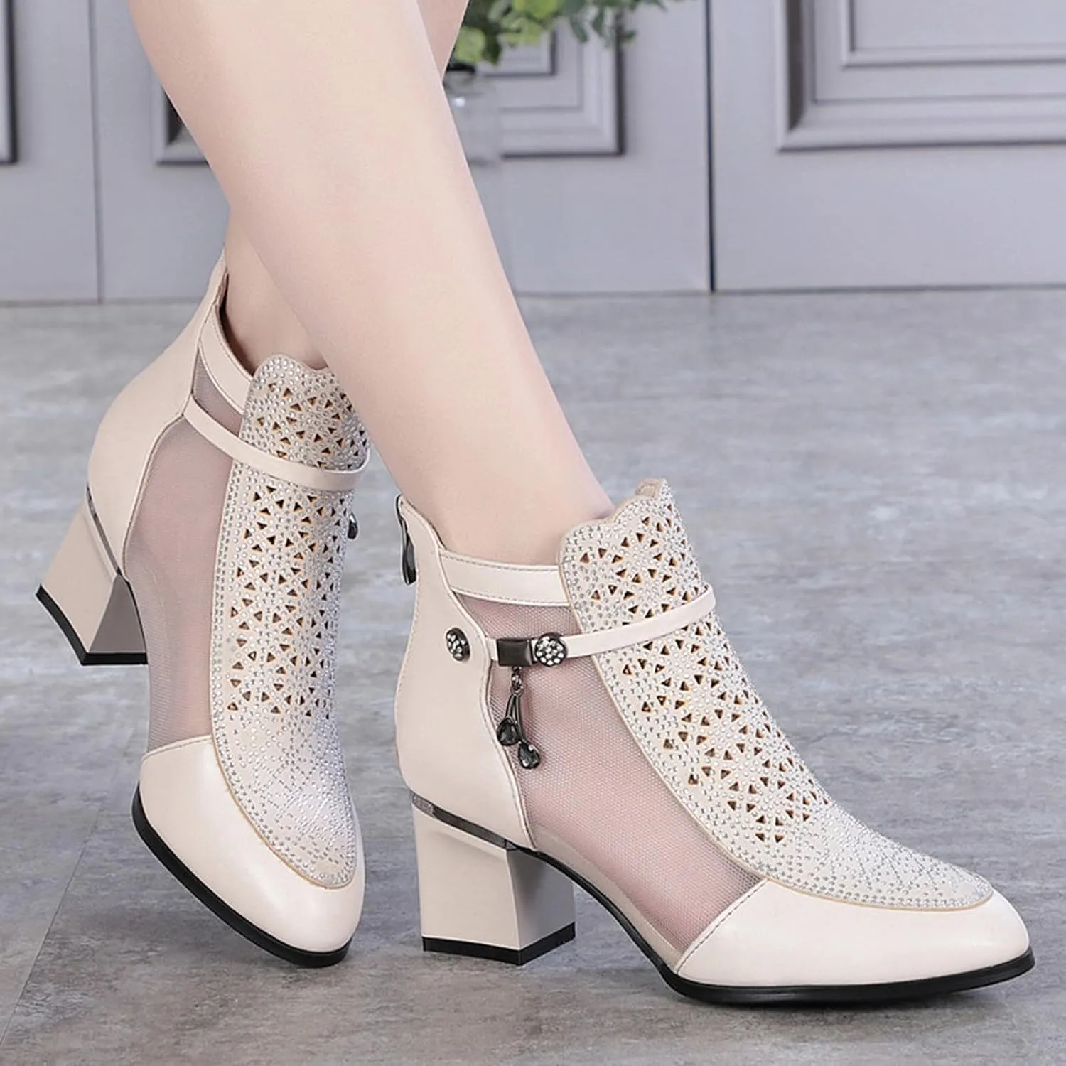Womens Genuine Leather Fashion Rhinestone Mesh Yarn Ankle Boot Comfort Cutout Back Zipper Non-Slip Chunky Heel Mid Heel Boots Closed Pointed Toe Summer Ankle Boot For Dress Wedding Party Prom