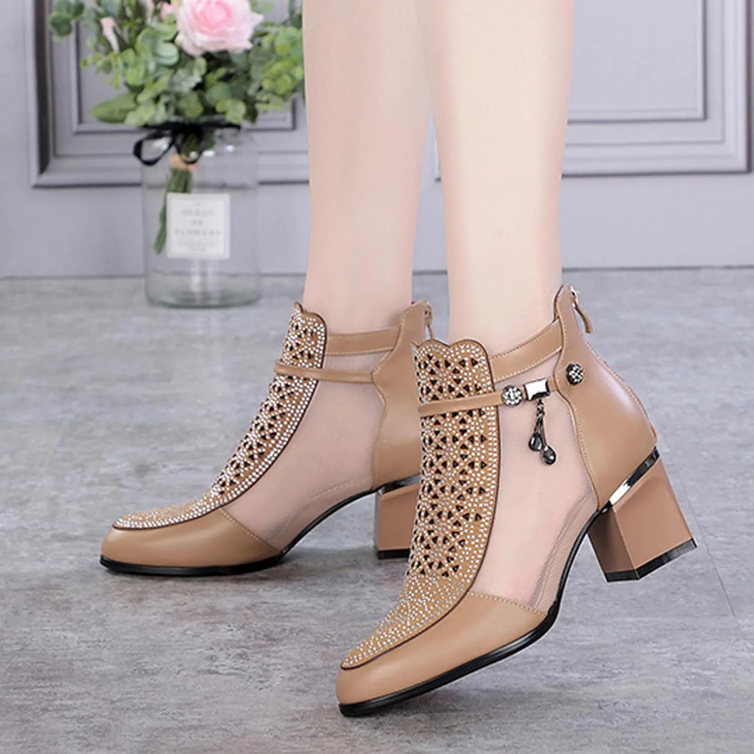 Womens Genuine Leather Fashion Rhinestone Mesh Yarn Ankle Boot Comfort Cutout Back Zipper Non-Slip Chunky Heel Mid Heel Boots Closed Pointed Toe Summer Ankle Boot For Dress Wedding Party Prom