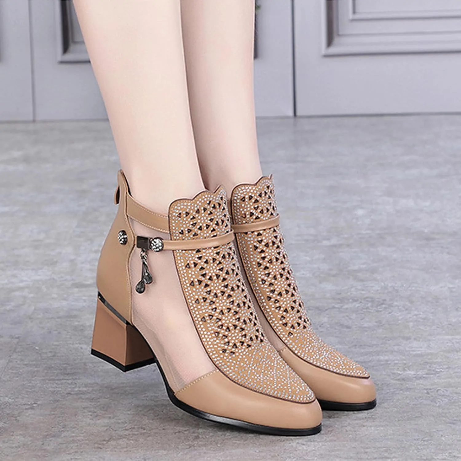 Womens Genuine Leather Fashion Rhinestone Mesh Yarn Ankle Boot Comfort Cutout Back Zipper Non-Slip Chunky Heel Mid Heel Boots Closed Pointed Toe Summer Ankle Boot For Dress Wedding Party Prom