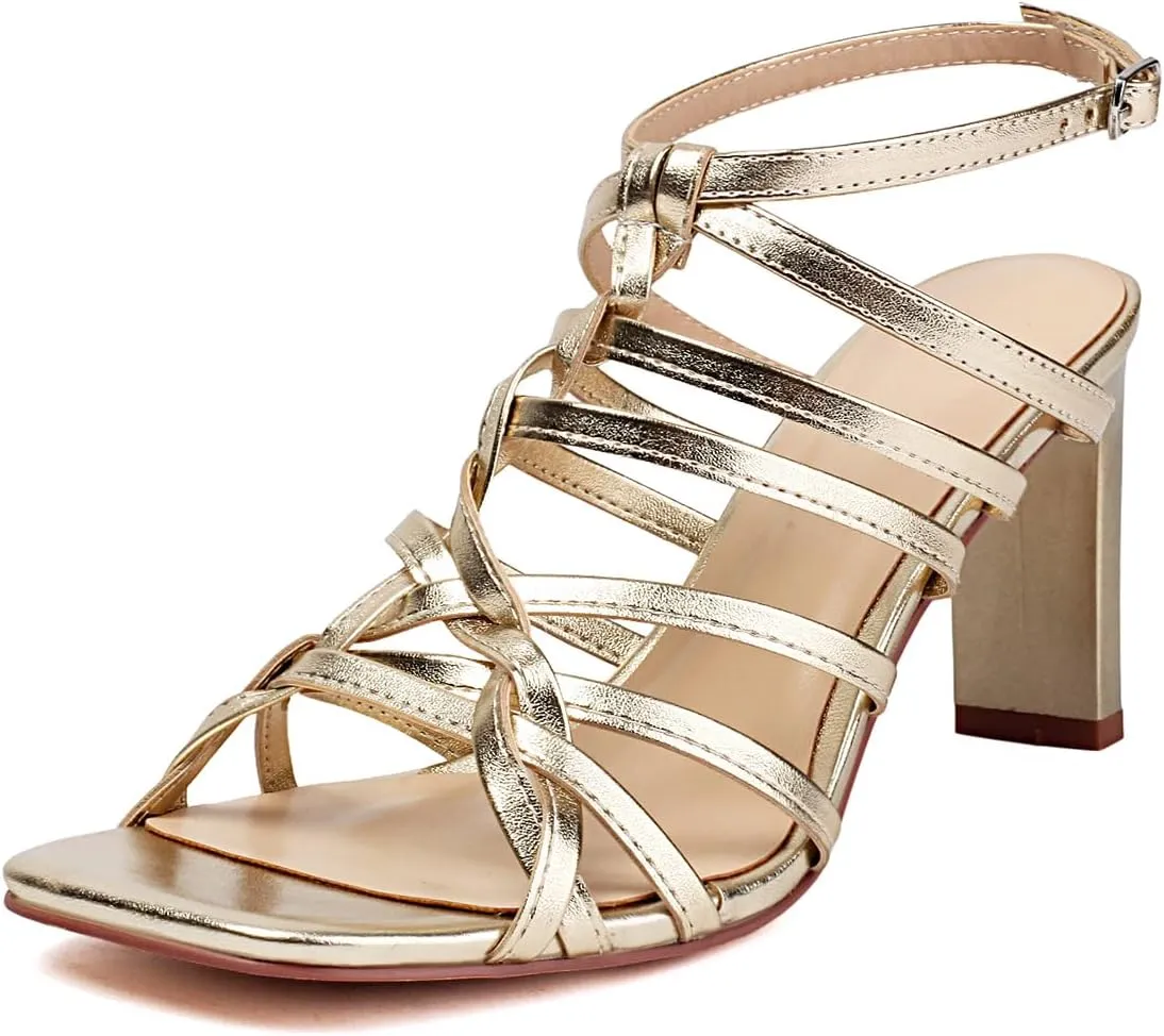 Women's Gladiator Heeled Sandals Summer Dressy Strappy Square Open Toe Chunky High Heels with Ankle Strap, Sexy Fashion Comfort Shoes for Party Casual Sandals