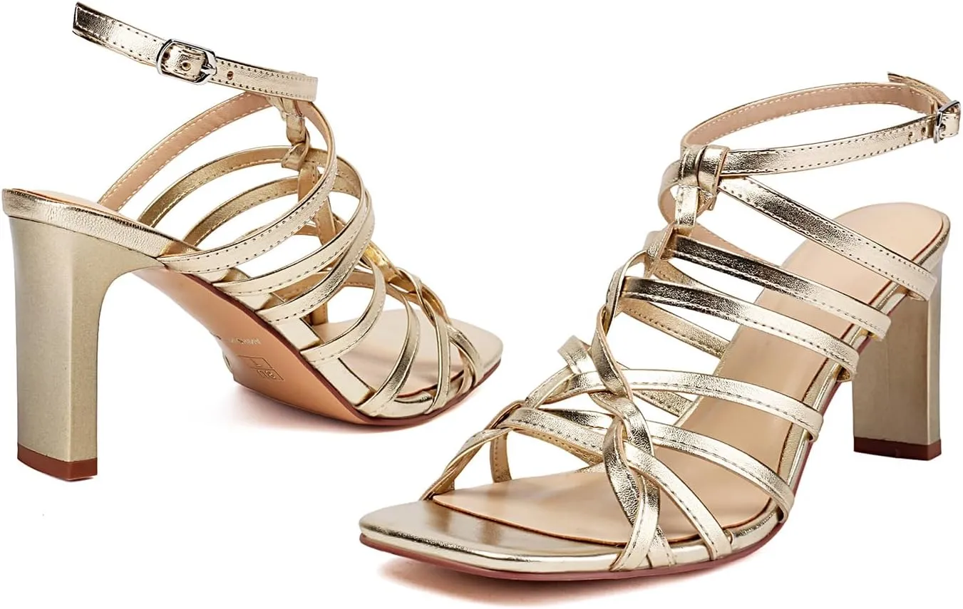 Women's Gladiator Heeled Sandals Summer Dressy Strappy Square Open Toe Chunky High Heels with Ankle Strap, Sexy Fashion Comfort Shoes for Party Casual Sandals