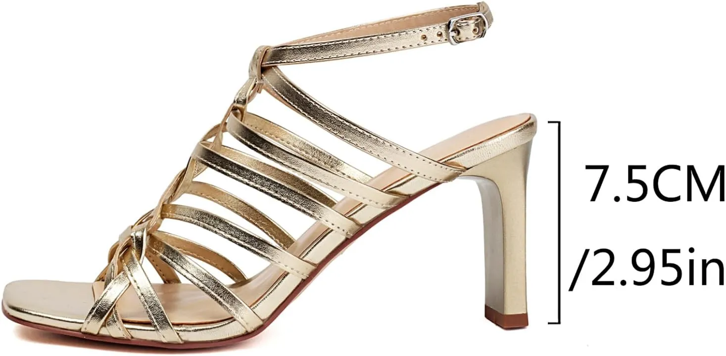 Women's Gladiator Heeled Sandals Summer Dressy Strappy Square Open Toe Chunky High Heels with Ankle Strap, Sexy Fashion Comfort Shoes for Party Casual Sandals