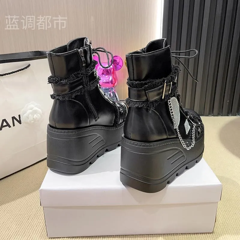 Womens Goth Ankle Booties Square Toe Lace Up Ankle Booties Kawaii Shoes High Heel Round Toe Zipper Wedges Mid Calf Booties