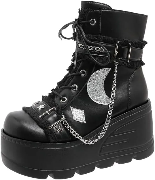 Womens Goth Ankle Booties Square Toe Lace Up Ankle Booties Kawaii Shoes High Heel Round Toe Zipper Wedges Mid Calf Booties