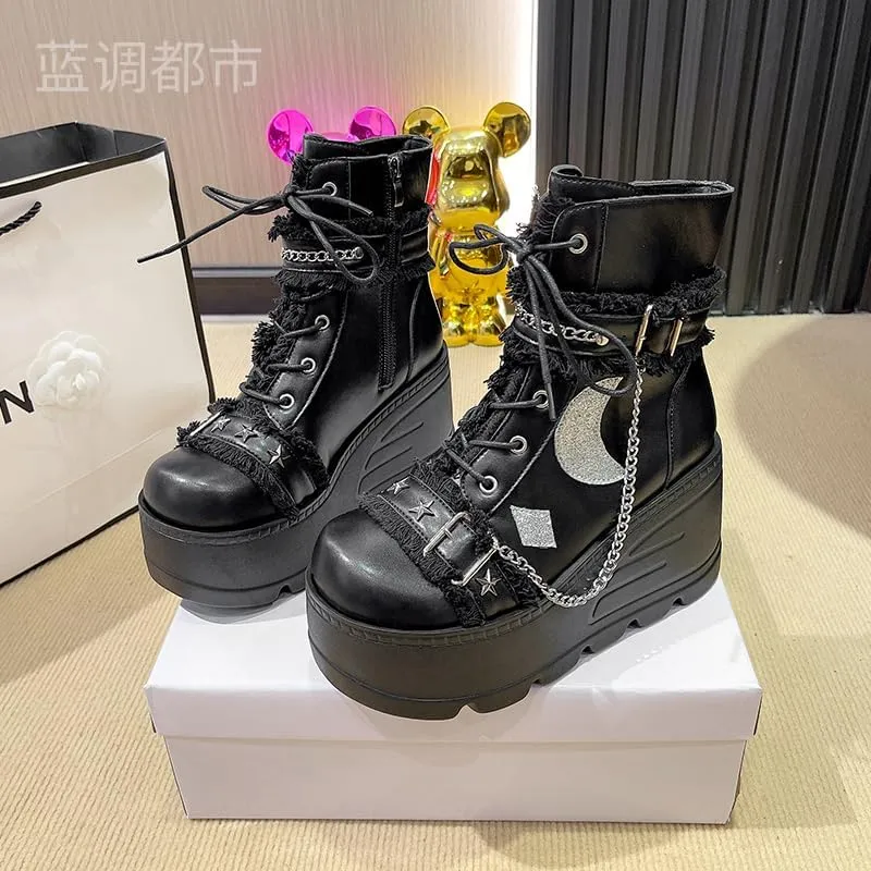 Womens Goth Ankle Booties Square Toe Lace Up Ankle Booties Kawaii Shoes High Heel Round Toe Zipper Wedges Mid Calf Booties