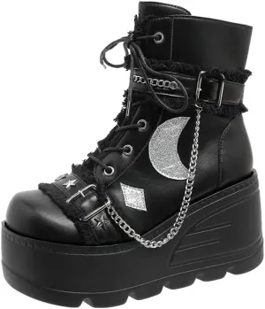 Womens Goth Ankle Booties Square Toe Lace Up Ankle Booties Kawaii Shoes High Heel Round Toe Zipper Wedges Mid Calf Booties