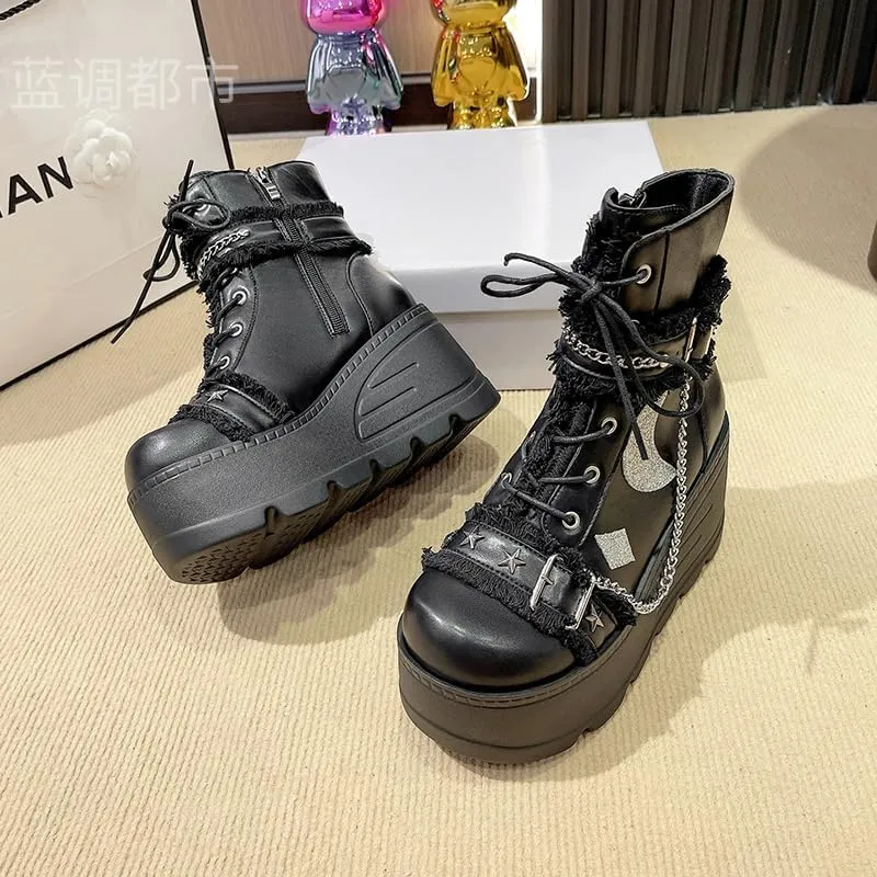 Womens Goth Ankle Booties Square Toe Lace Up Ankle Booties Kawaii Shoes High Heel Round Toe Zipper Wedges Mid Calf Booties