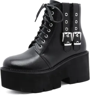 Women's Goth Black Chunky High Heel Lace Up Emo Platform Combat Ankle Boots