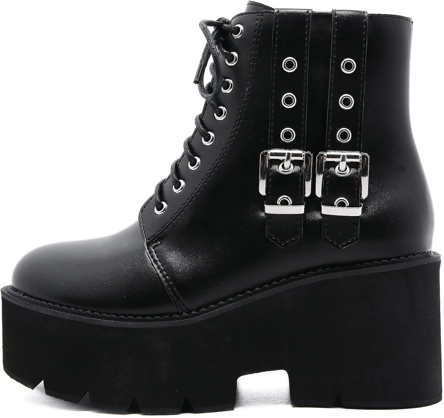 Women's Goth Black Chunky High Heel Lace Up Emo Platform Combat Ankle Boots