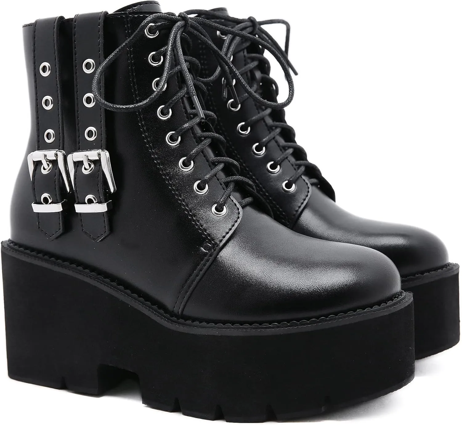 Women's Goth Black Chunky High Heel Lace Up Emo Platform Combat Ankle Boots
