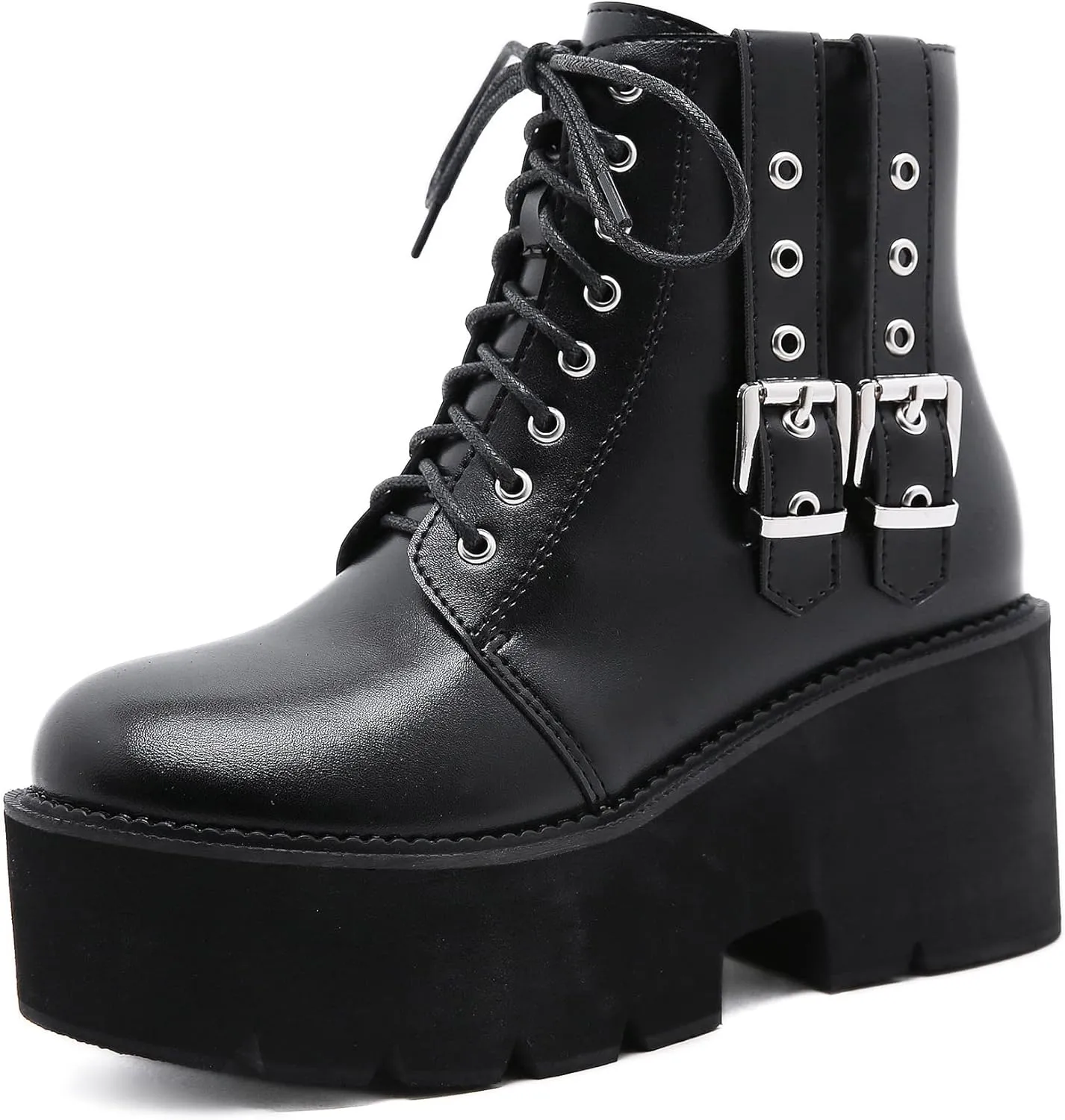 Women's Goth Black Chunky High Heel Lace Up Emo Platform Combat Ankle Boots