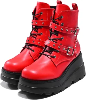 Women's Gothic Punk Ankle Boots, Black, Round Toe, Lace-Up, Combat, Wedge Heel, Casual, All Seasons