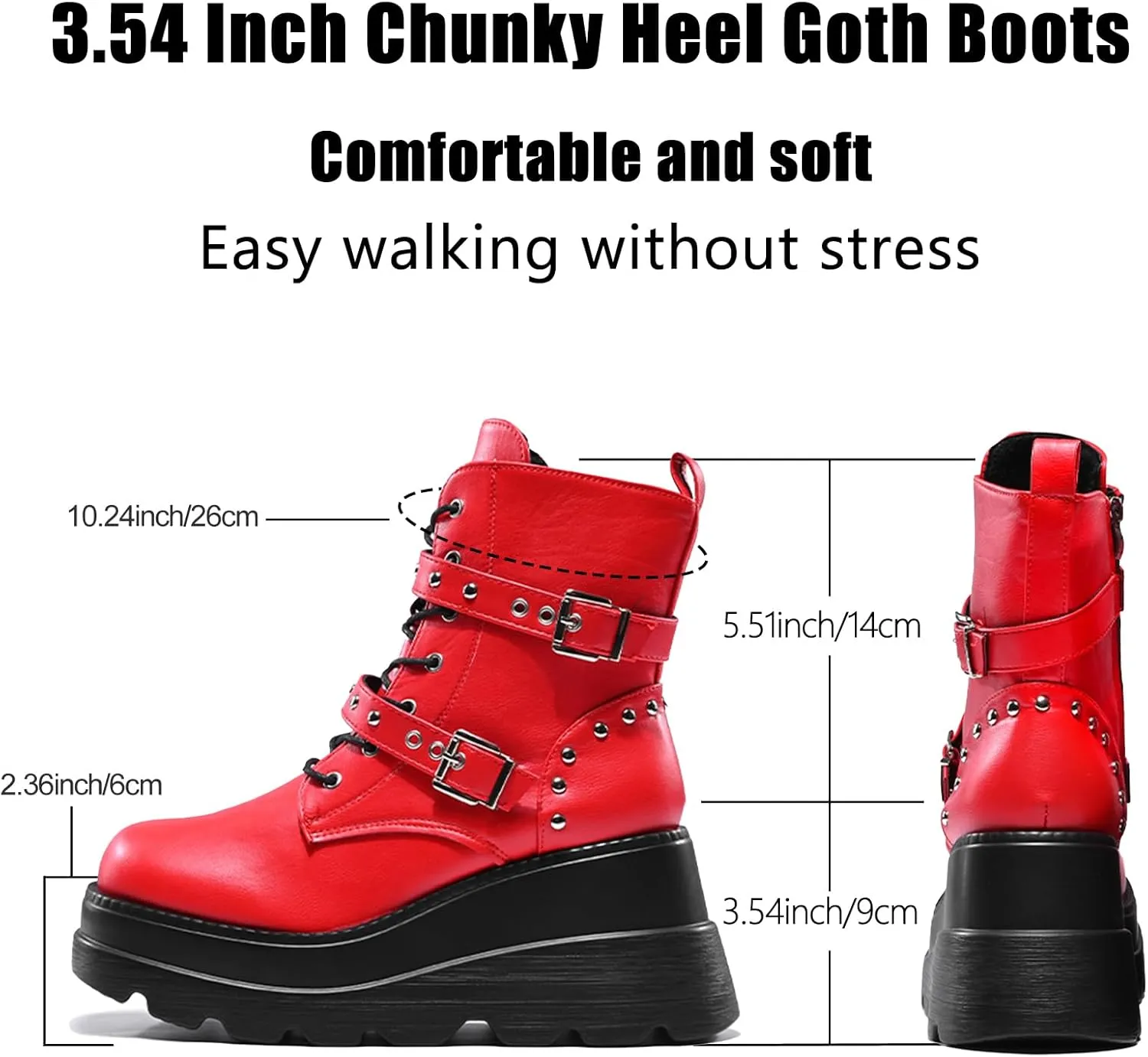 Women's Gothic Punk Ankle Boots, Black, Round Toe, Lace-Up, Combat, Wedge Heel, Casual, All Seasons