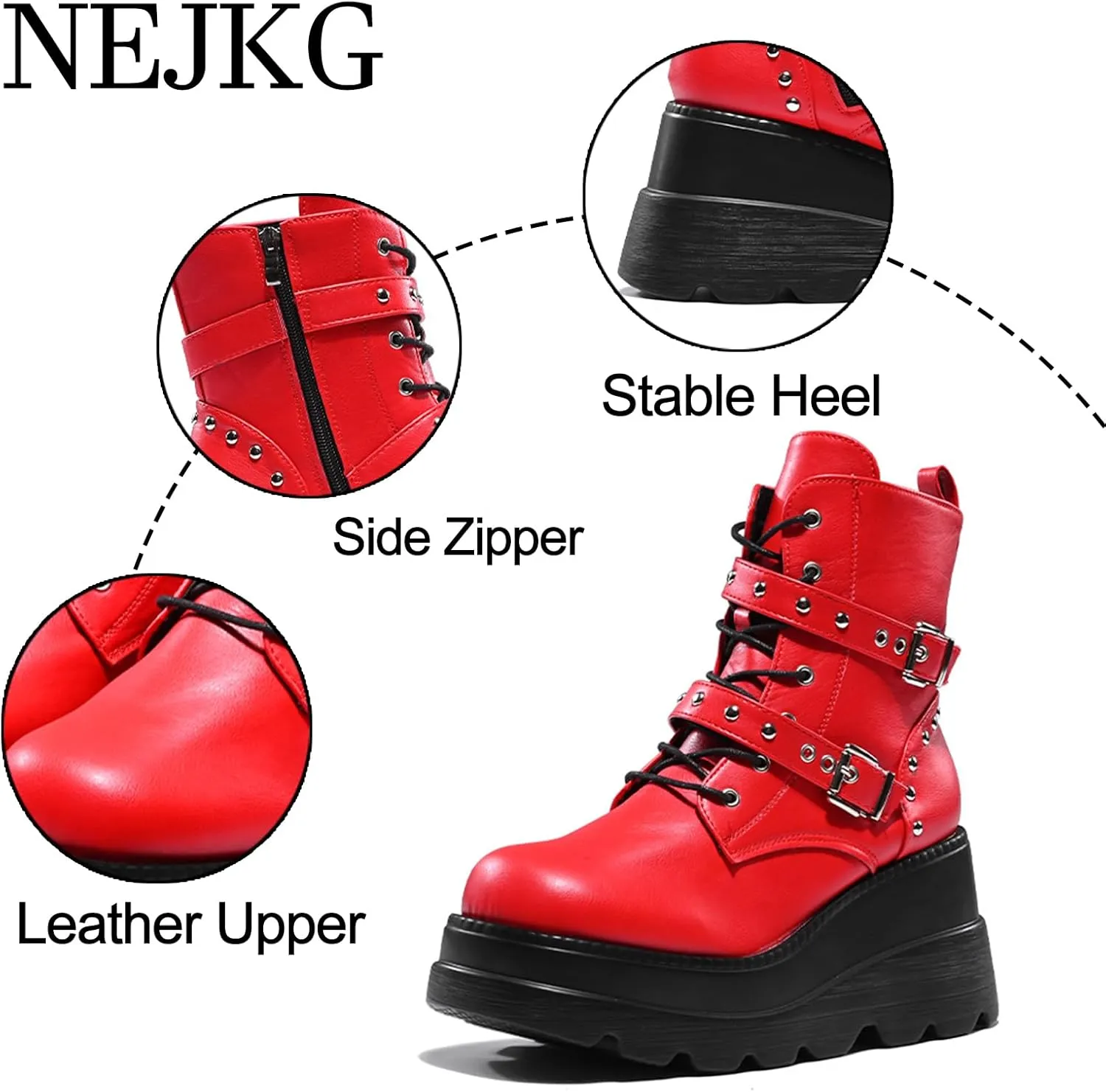 Women's Gothic Punk Ankle Boots, Black, Round Toe, Lace-Up, Combat, Wedge Heel, Casual, All Seasons