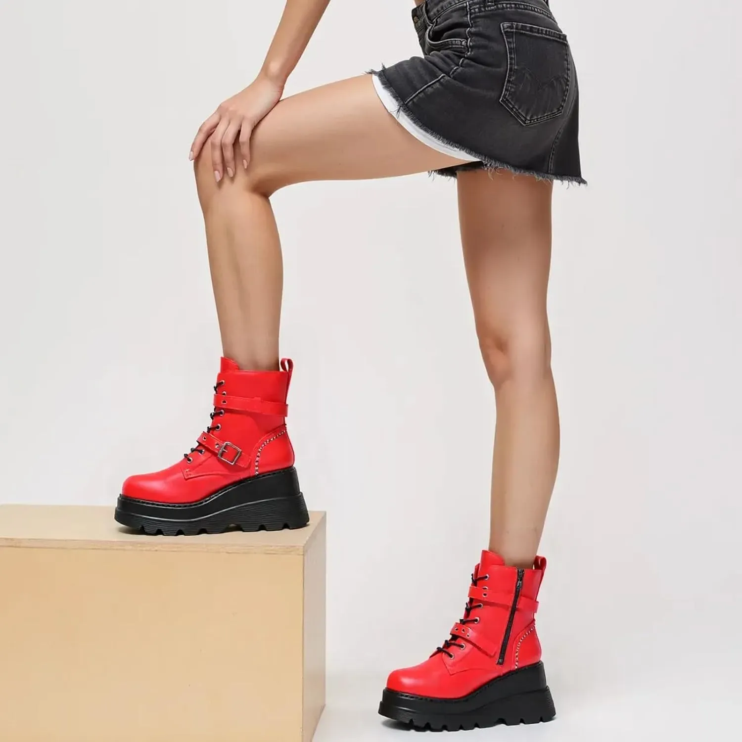 Women's Gothic Punk Ankle Boots, Black, Round Toe, Lace-Up, Combat, Wedge Heel, Casual, All Seasons