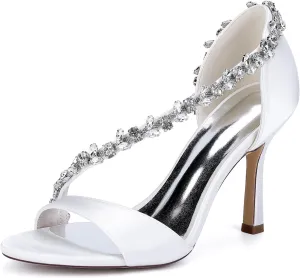 Womens Heeled Sandals Open Toe Strap Rhinestone Satin Bridal Shoes Stiletto Heel 8.5Cm Ankle Wedding Dress Fo Engagement Evening Prom