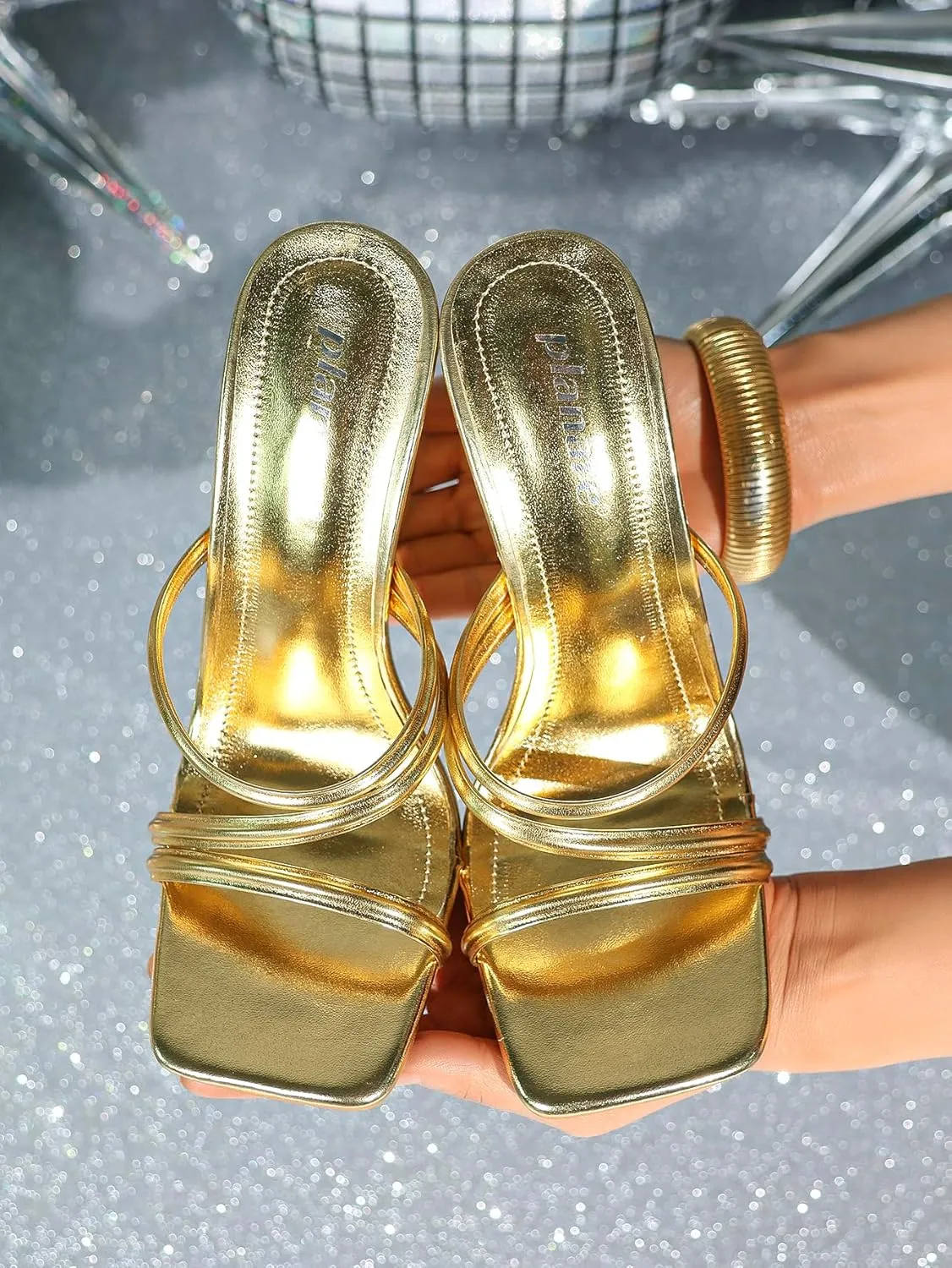 Women's High Heel Sandals – Modern Square-Toe Dress Sandals with Silver Ring Heel, Elegant Strappy Heels for Parties, Dates & Special Occasions